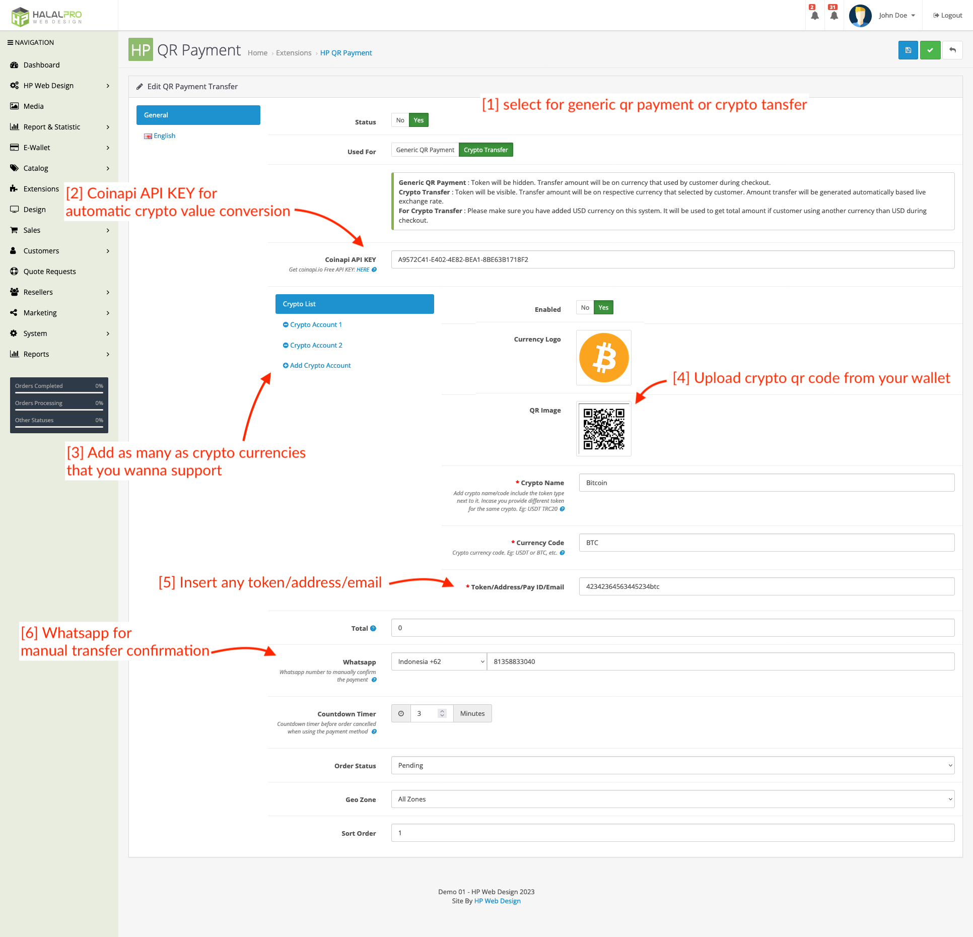 crypto transfer on setting opencart